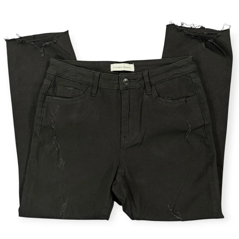 FLYING MONKEY High Rise Crop Straight Jeans Womens 29 Jet Black Raw Hem Denim